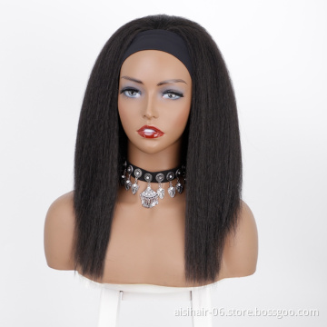 Aisi Hair wholesale private label cap adjustable attached bandage kinky bob black women yaki synthetic headband wig